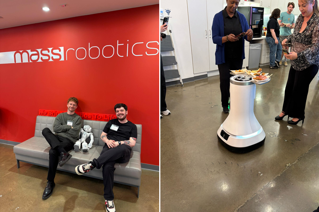 Two photographs side-by-side, the first of two men sat on a sofa beneath a MassRobotics logo, with a small robot between them. The second is a manoeuvrable robot carrying small plates of food on an event floor.