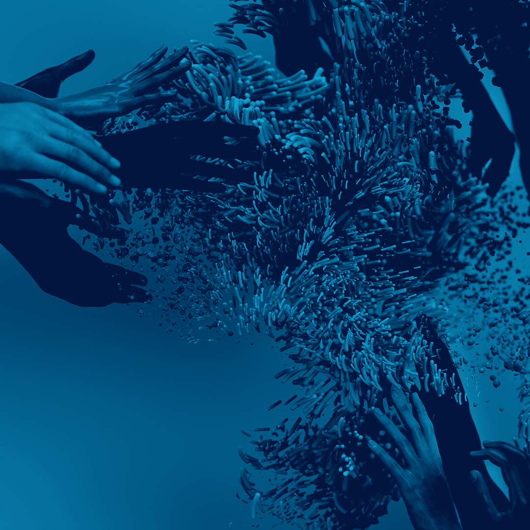 Multiple human hands reaching toward a swirling mass of abstract digital strands in a blue-toned composition.