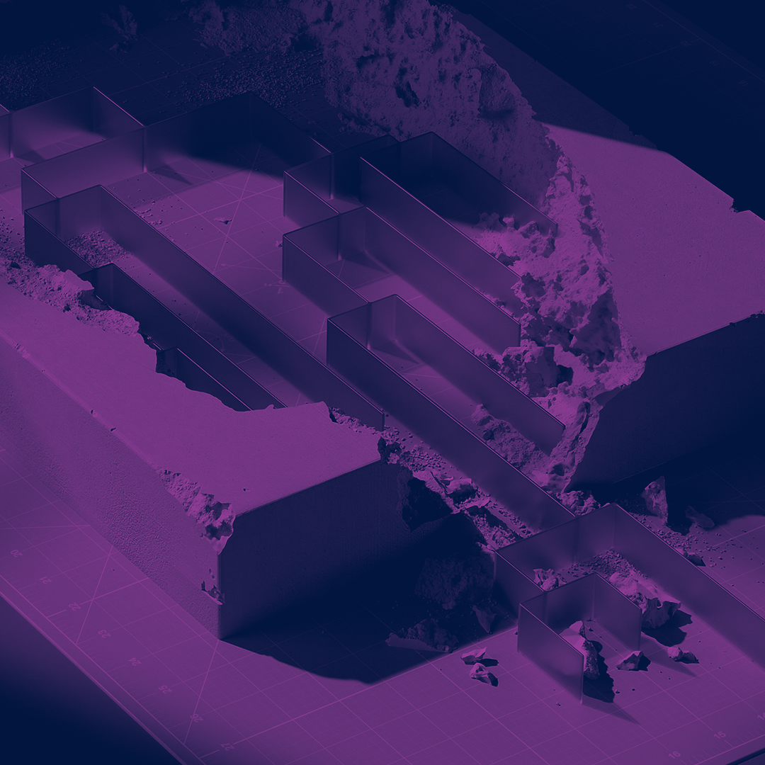 Abstract purple-toned scene of carved stone-like material with geometric metal channels embedded in it.