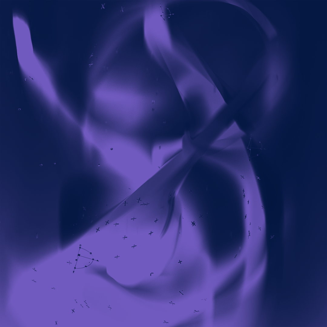 Abstract purple and dark blue swirling shapes with faint geometric markings and scattered crosses, creating a fluid, atmospheric digital design.