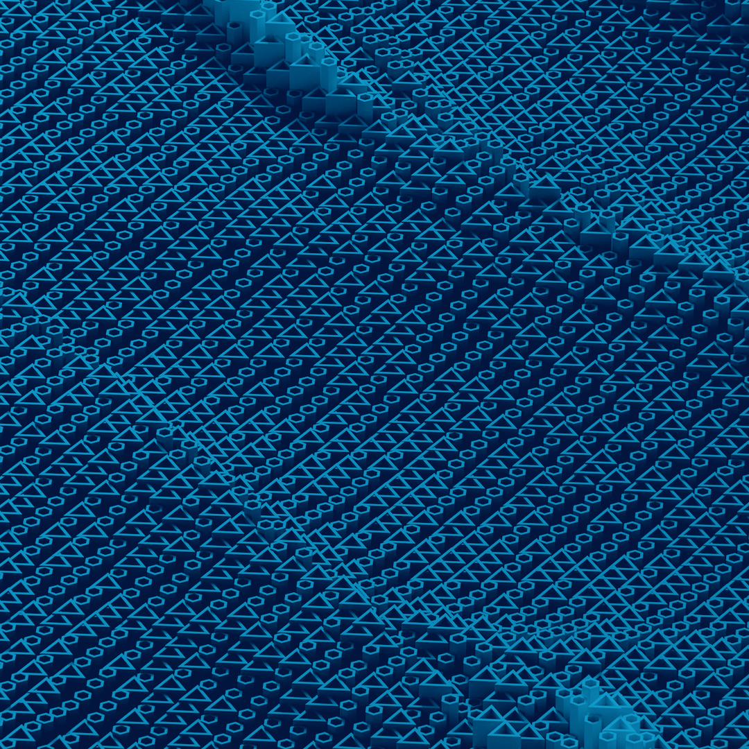 Abstract geometric pattern made of blue 3D shapes forming waves and grids on a dark background.