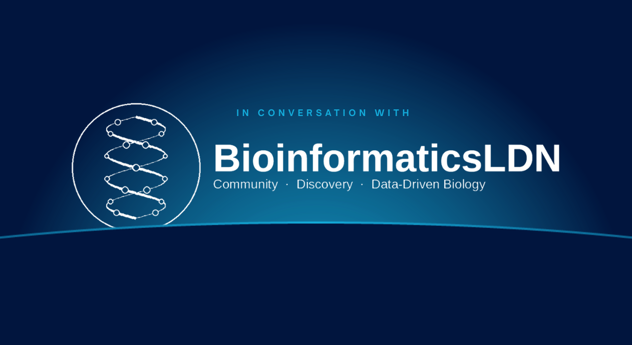 BioinformaticsLDN event graphic featuring DNA icon and text about community, discovery and data-driven biology