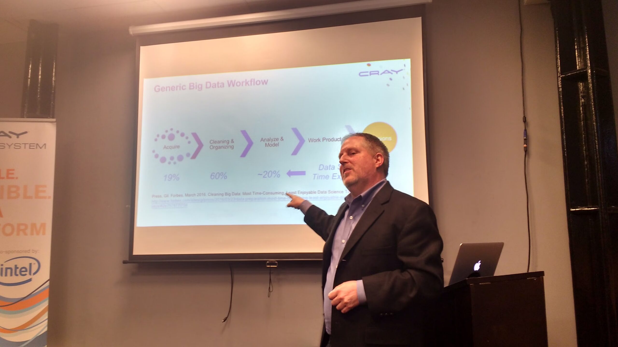 Presenter explaining a generic big data workflow including data acquisition, cleaning and modelling